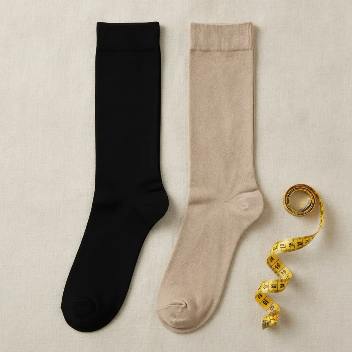 Dos pares de medias de compresión, uno negro y uno beige, junto a una cinta métrica