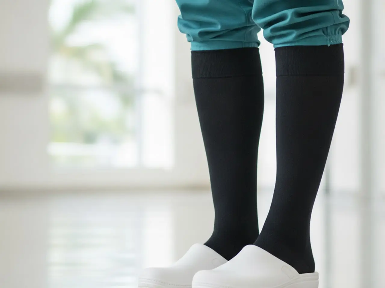Piernas de una enfermera con pantalón de uniforme y medias de compresión negras en un pasillo de hospital